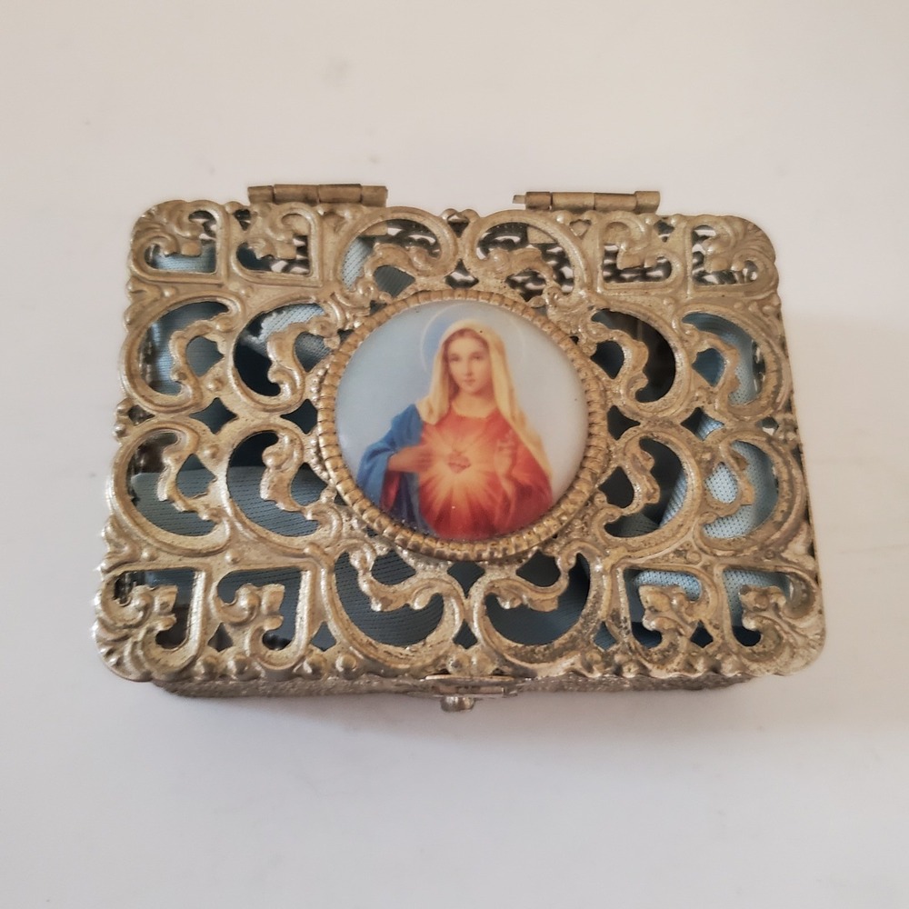 Vintage Ornate Filigree Metal Trinket Box Immaculate Heart of Mary Religious